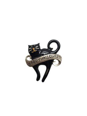 Happy Halloween Black Cat Brooch Pin With Banner Vintage Style 1.75" Cute Spooky